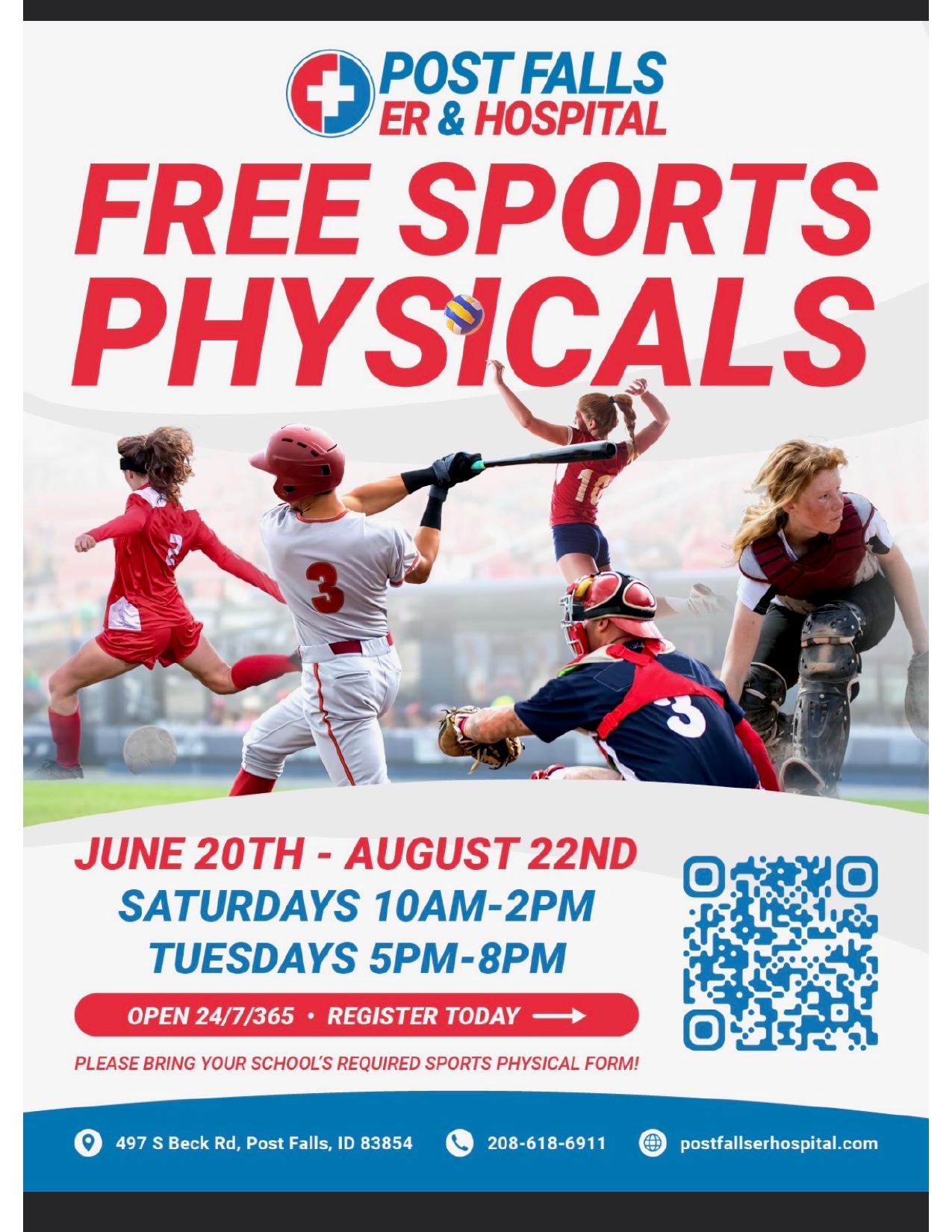 Free sports physicals flyer for Post Falls ER & Hospital